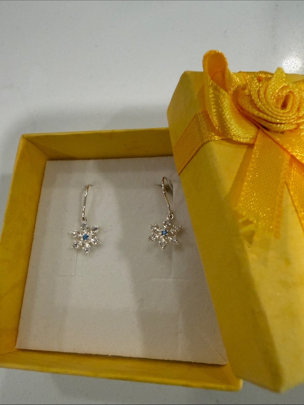 Silver Snowflake Drop Earrings with Blue Center - Children’s or Women's Jewelry